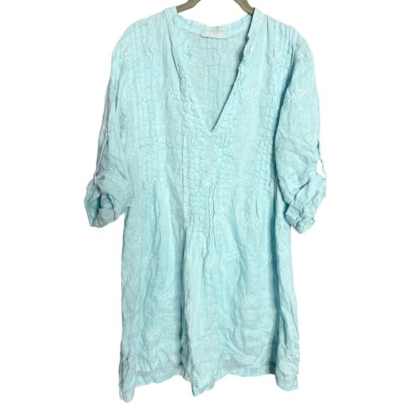 CP Shades x Calypso St. Barth Blue Linen Embroidered Pintuck Tunic Size XS - Picture 2 of 8